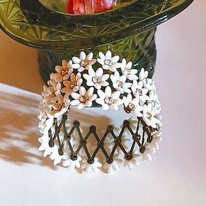 Mid Century Expandable Accordion Daisy Rhinestone Bracelet